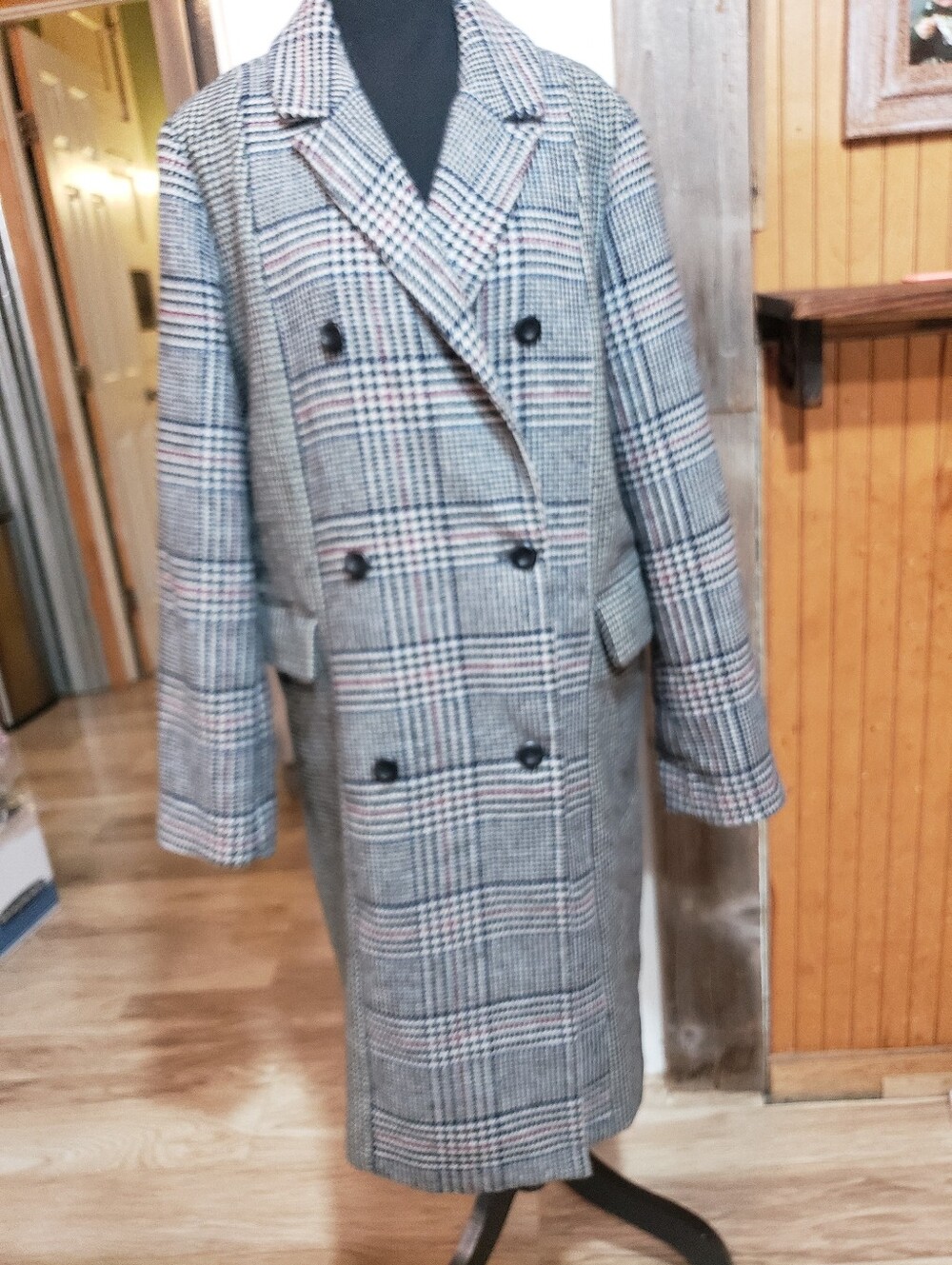 Gap Wool Blend Long Double Breasted Peacoat Mixed Plaid Satin Liner Women Large